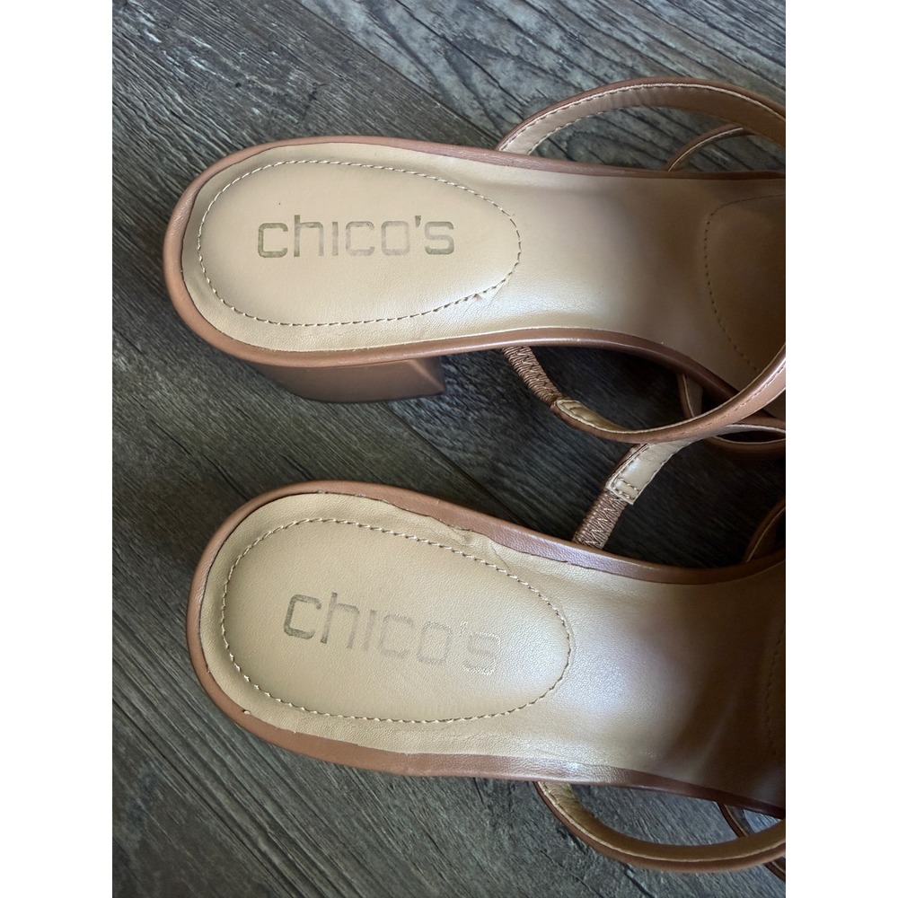 Chicos 9 Pia Leafy Block‎ Heel Tan Brown Slip On Mule Sandals Floral Appliqué - Picture 7 of 9